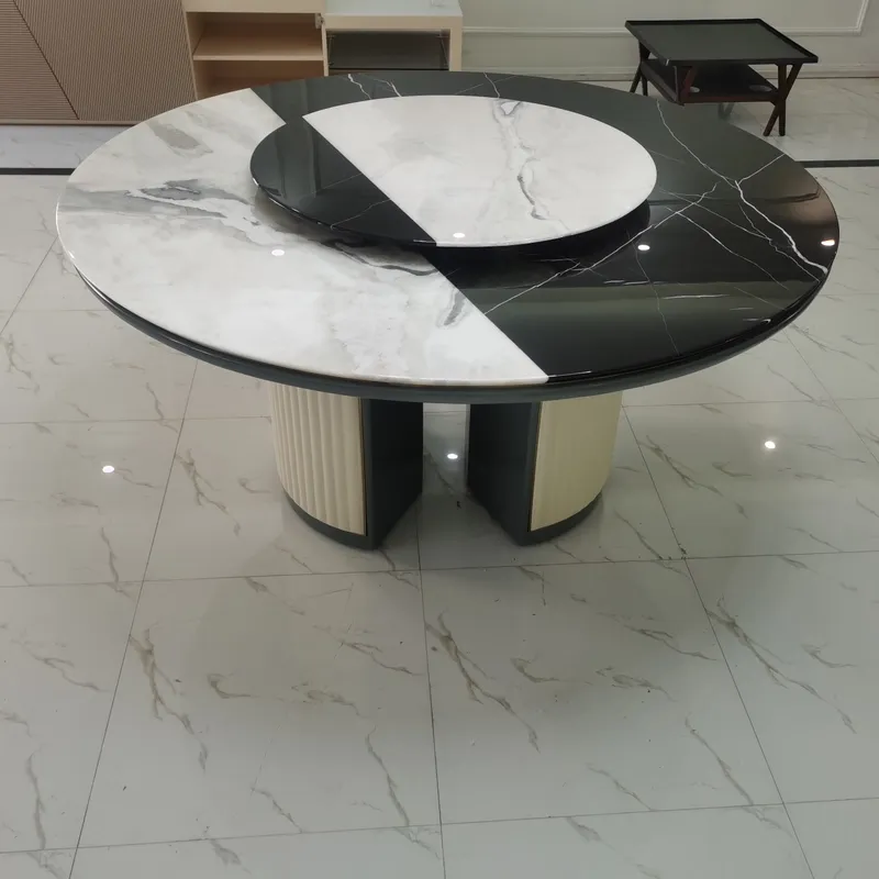 Moderna mesa de comedor redonda de mármol para 6 personas.