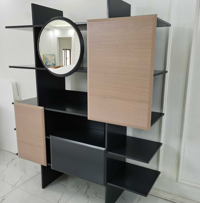 narrow bookcase with doors