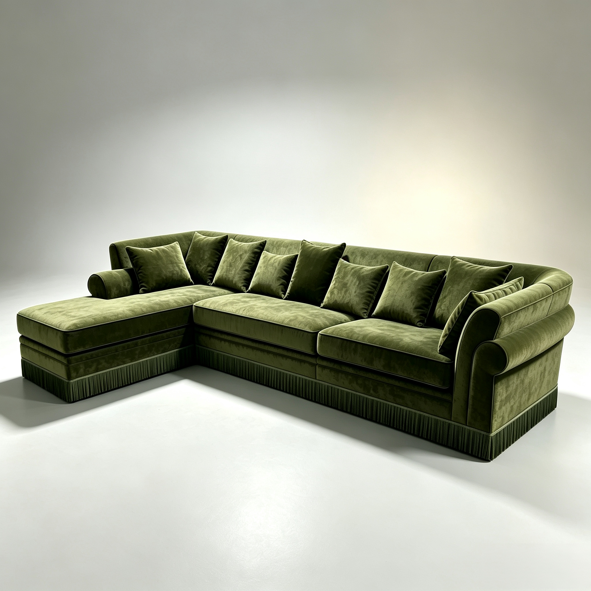 Luxurious olive green velvet tassel sofa in the living room of Arab villa