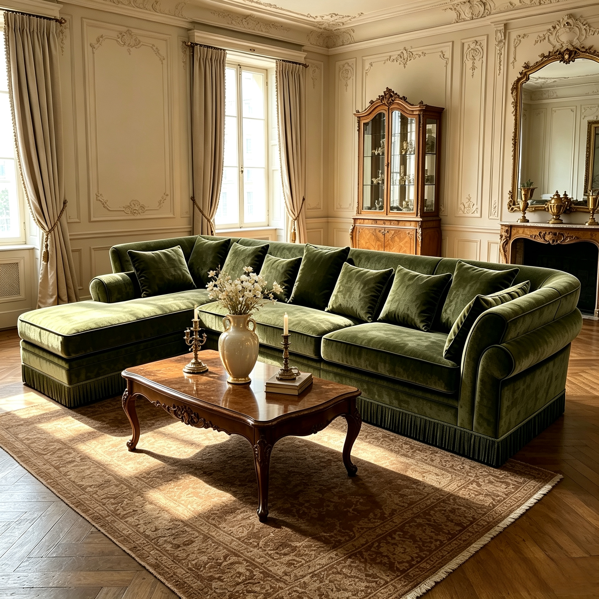 L-shaped sectional sofa, velvet majlis sofa, villa corner chaise, fringe base sofa, Arabic luxury furniture