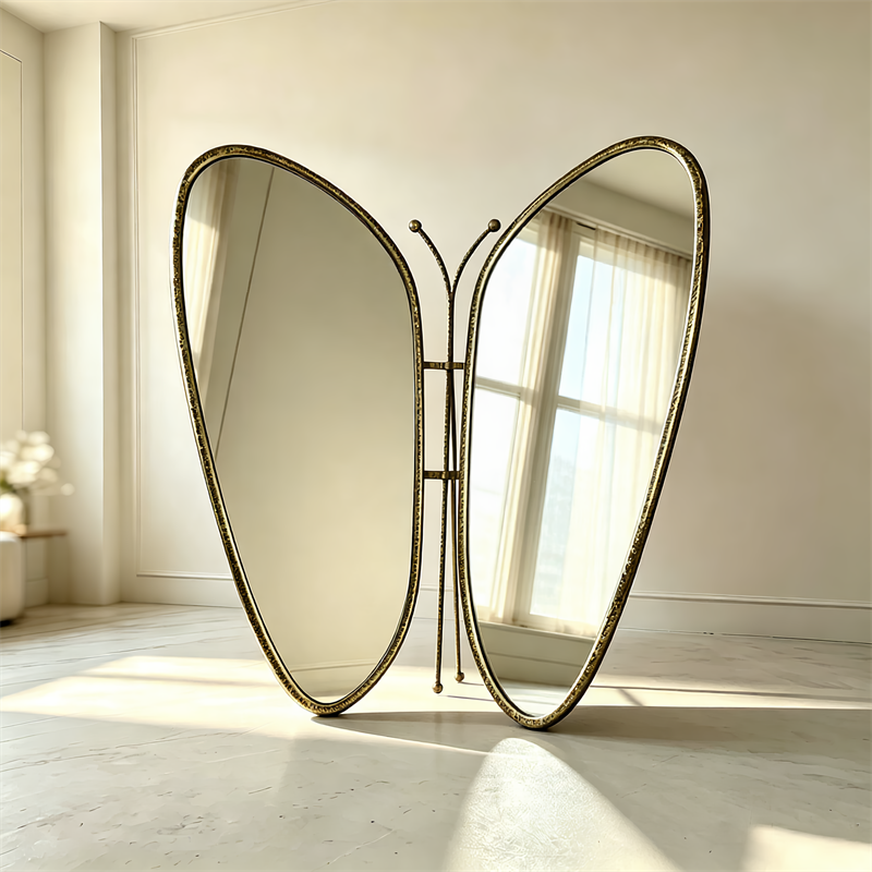 Golden butterfly-shaped decor wall mirror at the entrance of Arab villa