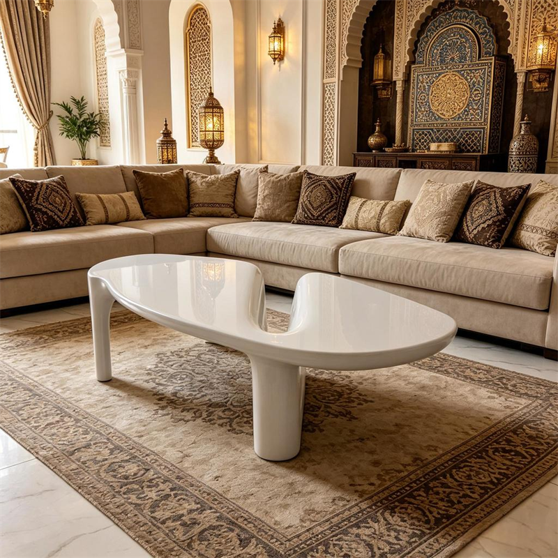 Middle Eastern villa sleek glossy white sculpture coffee table