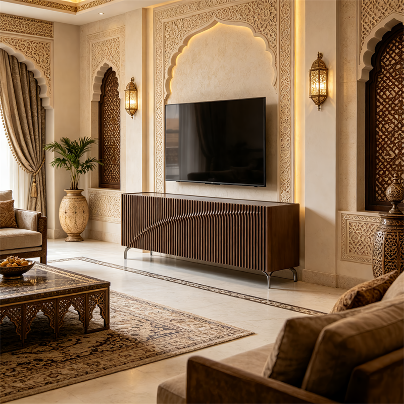 Saudi villa wavy fluted wooden, scratch-resistant glass metal leg TV cabinet
