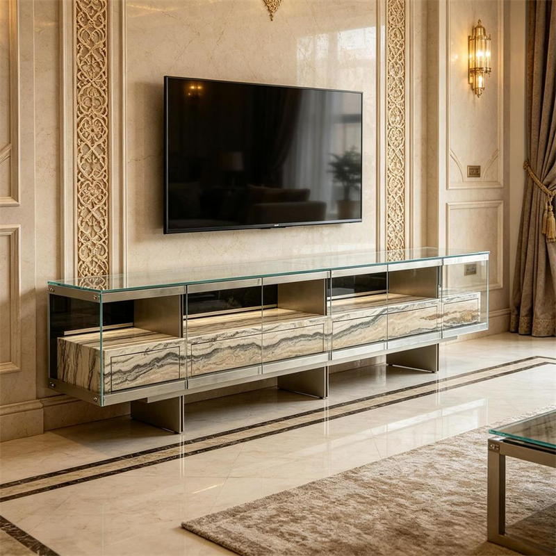 Marble tempered glass frame and stainless steel base TV cabinet used in Dubai villas