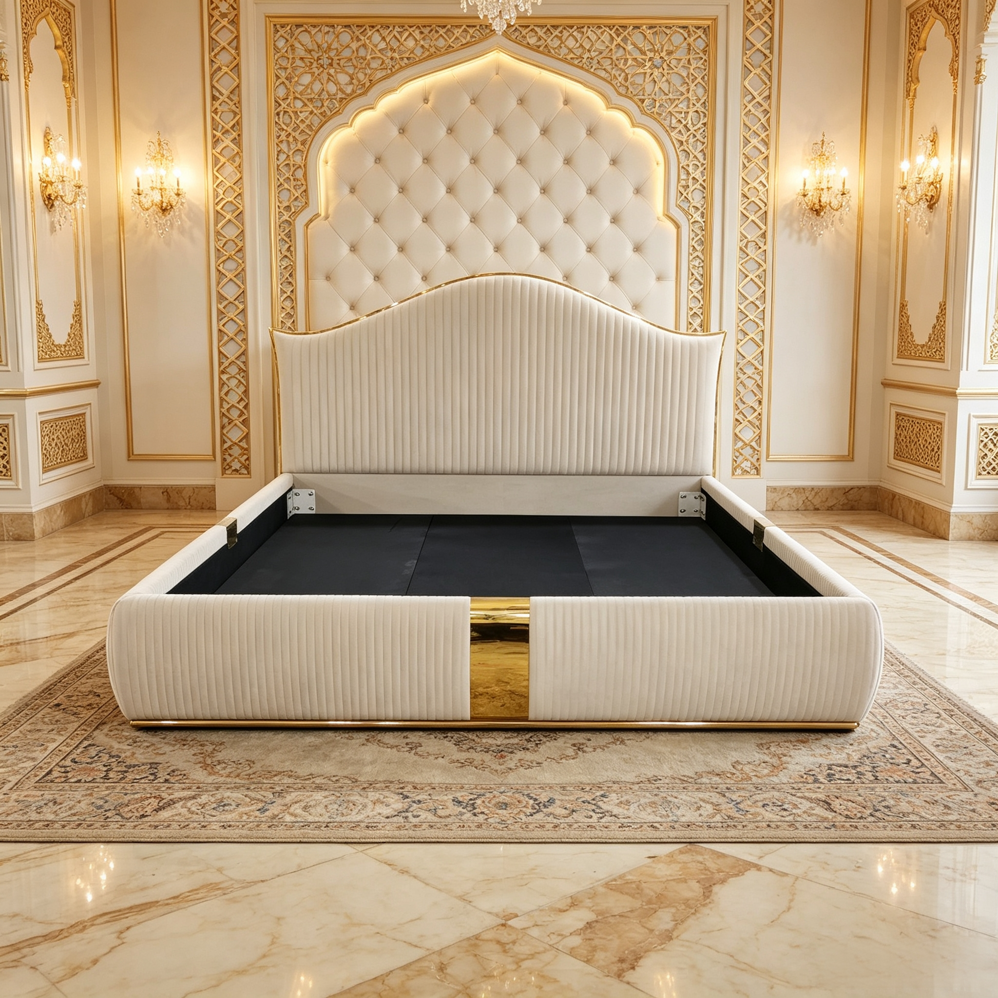 Luxurious velvet double bed in Middle Eastern villa bedroom