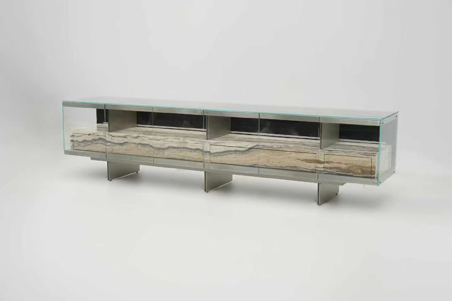 Marble tempered glass frame and stainless steel base TV cabinet used in Dubai villas - Image 6