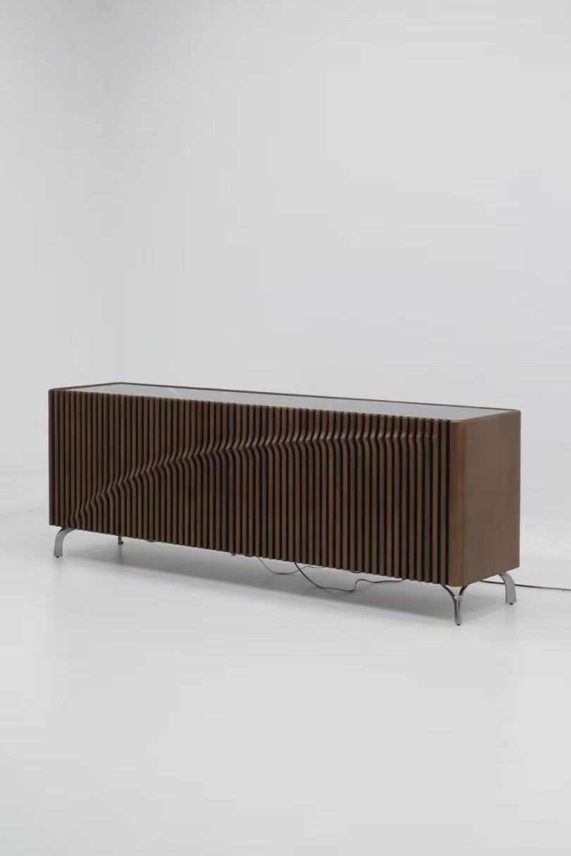 Saudi villa wavy fluted wooden, scratch-resistant glass metal leg TV cabinet - Image 4