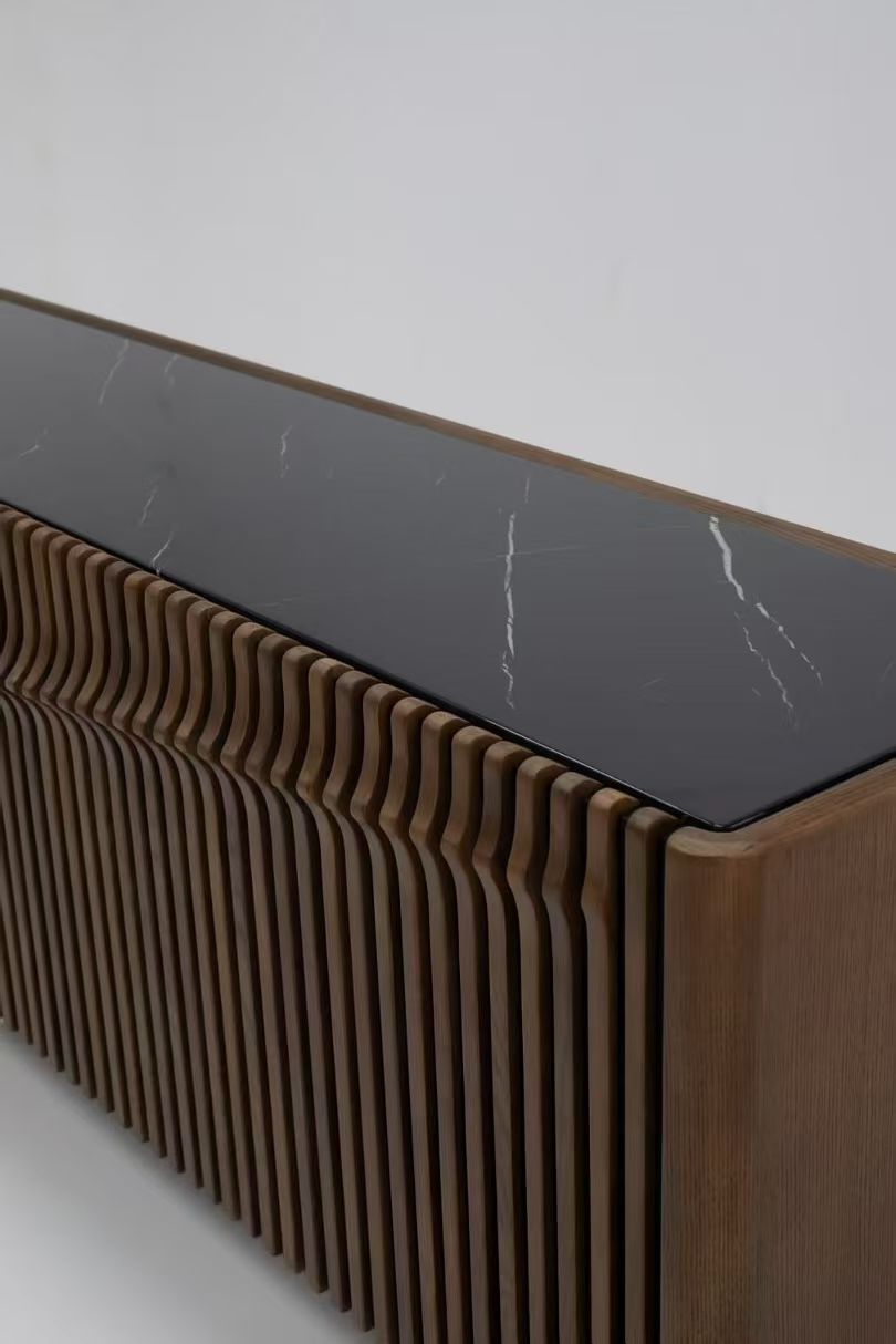 Saudi villa wavy fluted wooden, scratch-resistant glass metal leg TV cabinet - Image 6